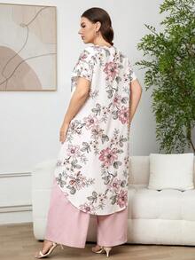 Ellevyn Bộ 2 món nữ size lớn: Áo dài tay ngắn cổ tròn màu trắng và hồng cùng quần dài họa tiết, bộ đồ casual kín đáo phong cách công sở thường ngày cho nữ, set 2 món quần áo cho quý cô, bộ 2 món cho nữ doanh nhân, tiệc trà mùa hè - Nhiều màu - Xem 2