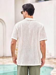 Mercer Haus Men's Cuban Collar Lace Knitted Short Sleeve Button-Up Shirt - Apricot - View 2