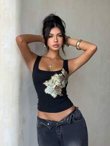 Aloruh Áo tank top nữ mùa hè kiểu dáng thường ngày, đính sequin và thêu họa tiết. - màu đen - Xem 4
