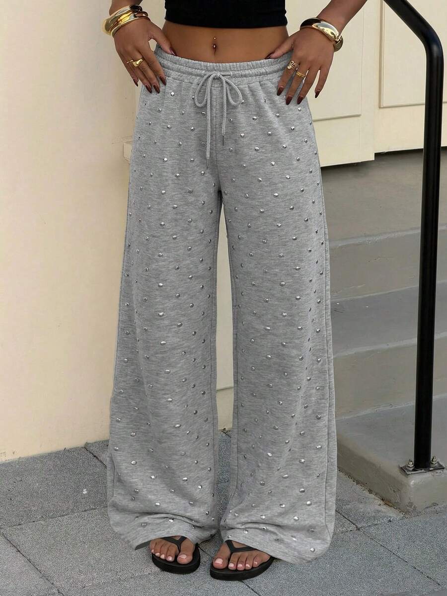 Muchica Grey Rhinestone Studded Drawstring High Waist Wide Leg Sweatpants, Casual Loose Floor Length Baggy Street Style Lounge Pants For Women - Light Grey - View 1