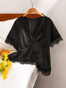 CosyJoli Áo kiểu ren phối nhiều mảnh cỡ lớn, trang phục nữ thanh lịch, áo sơ mi satin đen thắt eo, áo khoác ngoài. - màu đen - Xem 6