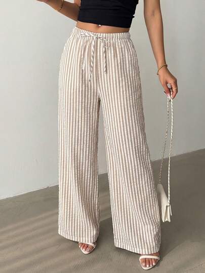 SHEIN PariChic Quần ống rộng nữ kiểu dáng thường ngày với họa tiết xương cá và hoa văn, cạp chun.