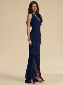SHEIN BAE Spring Summer Bridesmaid Dress, Deep V-Neck Halter Ruffle High Slit Ruffled Wrap Long Navy Blue For Women, Elegant Maxi Party Dinner - Navy Blue - View 4