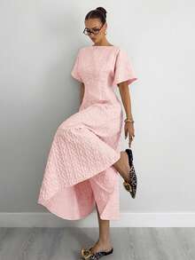 Vestido largo elegante de mujer con cintura ceñida y estampado jacquard, para verano - Rosa Pálido - Ver 4