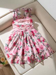 SHEIN Đầm mùa hè cho bé gái, in hoa, buộc dây vai, eo nhún, dáng xòe, thích hợp đi biển. - Nhiều màu - Xem 3