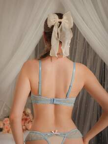 DelicateAllure 浅蓝色蕾丝拼接钢圈文胸，简约优雅精致女士内衣 - 淺藍色 - 查看 2