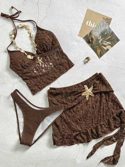 Swim Chiccia Conjunto de traje de baño elegante de vacaciones con falda de tela de unicolor, decoración de estrella de mar de metal