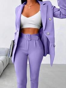 EURMUSE Double Breasted Blazer & Belted Pants - Mauve Purple - View 4