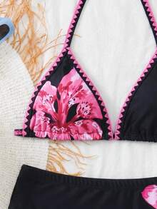SHEIN Bộ bikini hai mảnh màu đen phối ren tương phản dành cho thiếu nữ, gồm áo và quần short, thích hợp cho kỳ nghỉ biển. - Nhiều màu - Xem 5