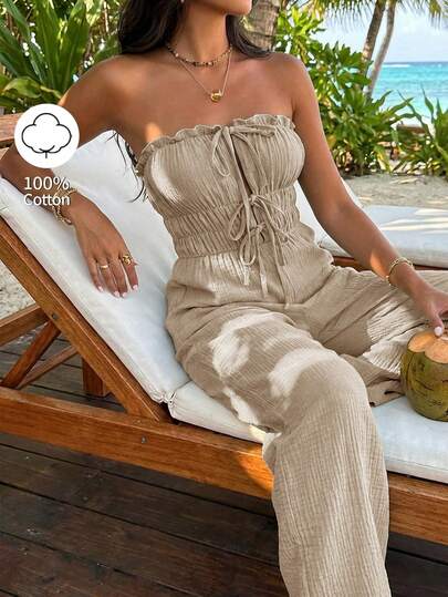 Sunnyshic Women's Light Green Strapless Ruffle High Elastic Backless Slim Fit Wide Leg Jumpsuit, Sexy & Elegant Beach Resort Style