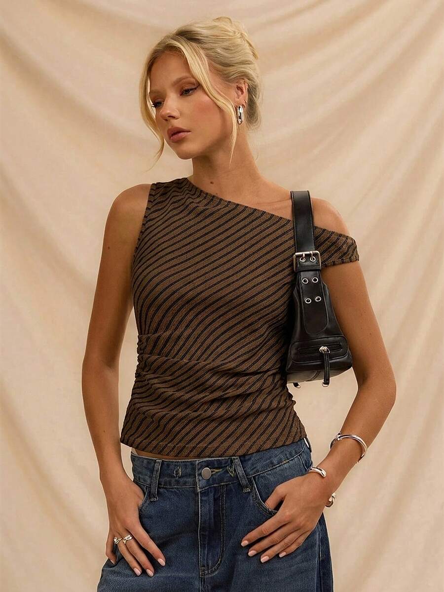 Avantive Summer Women Brown Stripe,Autumn,Chic,Night Out Fitted Top,Elegant Bodycon One Shoulder Shirt For Club,Party,Vacation,Business Casual,Y2k Streetwear - Coffee Brown - View 1