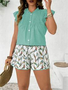 Weeklong Plus Size Solid Color Casual Retro Pleated Ruffle Flare Sleeve Top And All-Over Print Shorts 2 Piece Set - Mint Green - View 4