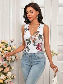 SHEIN Lady Women's Shell Collar Floral Print T-Shirt  Summer Vacation Outfits Women Going Out Outfits - Multicolor - View 5