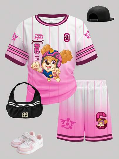 SHEIN | PAW Patrol Conjunto informal de camiseta holgada y pantalones cortos con estampado de rayas y degradado de colores para niña, estilo deportivo y de moda callejera para el verano