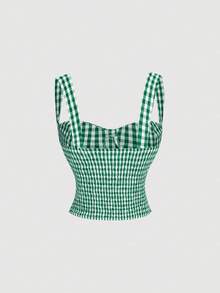 SHEIN MOD 红白格子修身胸衣女式衬衫 - 綠色 - 查看 7