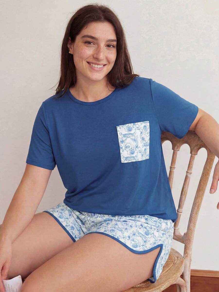 Doze Lane Plus Size Split Printed Contrast Color Shorts & Short Sleeve Pajama Set With Pockets - Multicolor - View 1