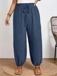 SHEIN Frenchy Pantalones largos de cintura alta con nudo delantero y estampado tropical para mujer, ideal para vacaciones de verano - Azul Marino - Ver 7