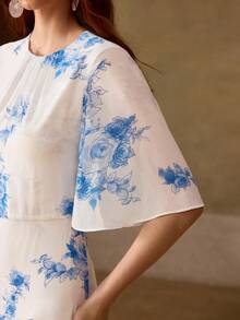 MOTF PREMIUM Đầm nữ chất liệu chiffon in hoa, cổ tròn, tay ngắn, dài ngang gối, thích hợp mặc thường ngày và hẹn hò, mùa xuân/hè. - Nhiều màu - Xem 1