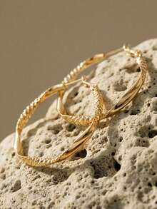 Textured Twist Design Hoop Earrings - Yellow Gold - View 3
