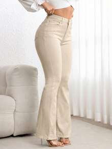 SHEIN PETITE Women's Casual Versatile Solid Color Flare Jeans - Multicolor - View 3