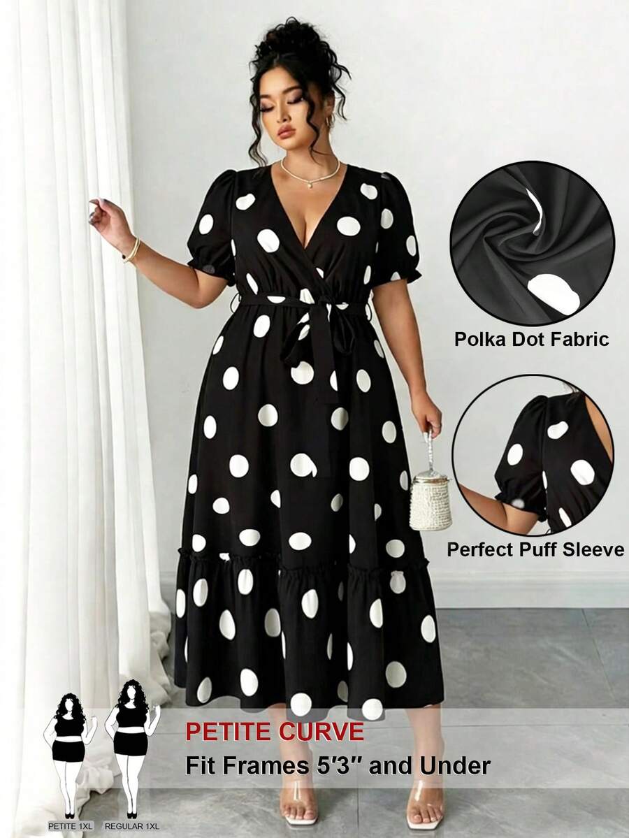 SHEIN PETITE CURVE 女士V领波点花瓣袖系带腰身优雅连衣裙，春夏款 - 黑與白 - 查看 1