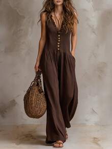 Solivie Bộ áo liền quần không tay màu nâu đậm dành cho nữ, thiết kế cài nút, có túi, kiểu dáng retro boho mùa hè, chất liệu co giãn, có họa tiết bèo nhún, kiểu dáng thoải mái và đa năng với phần eo được thắt lại. Áo liền quần cho nữ, quần dài, trang phục đi biển lịch sự cho nữ, trang phục đi nghỉ mát, áo liền quần cho nữ, quần áo cho nữ dáng nhỏ nhắn, áo liền quần cho kỳ nghỉ. - Cà phê nâu - Xem 5