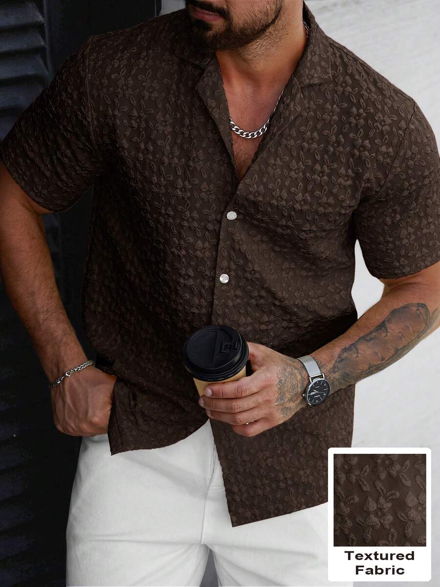 Manfinity Homme Camisa de manga corta de unicolor con jacquard para hombres, casual para vacaciones y viajes - Marrón Chocolate - Ver 1