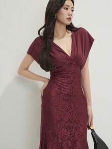 Heiryn Đầm ren phối ren cổ chữ V thanh lịch dành cho nữ - Màu Đỏ Sâu - Xem 2