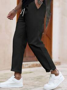 Manfinity Homme Plus Size Men's Casual Tapered Pants, Suitable For Daily Casual Wear, Weekend Outings, Travel, Gatherings With Friends, Etc. This Pant Is An Indispensable Versatile Item In A Man's Wardrobe, And Makes A Great Gift For A Boyfriend Or Husband. - Black - View 5