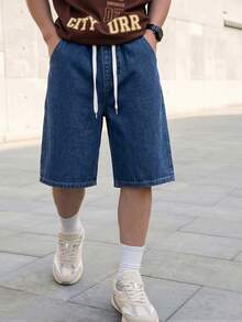 Shorts en jean décontractés pour adolescents garçons, nouveau design minimaliste d'été avec cordon de serrage à la taille, coupe ample, convient pour les vacances, les festivals de musique, l'école, les trajets, les fêtes et autres occasions - Bleu azur - Voir 3