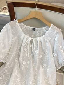 GlowEve CURVE Plus Size Women's Summer White Boho Outfit,Embroidered Round-Neck Tie-Front Shirt And Shorts Two Pieces Set,Loose Holiday Tea Party Fashionable Set - White - View 4