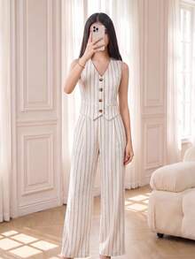 SHEIN Girlism 2件套儿童/少女春夏条纹编织优雅休闲无袖上衣和裤子套装，返校季 - 杏色 - 查看 4
