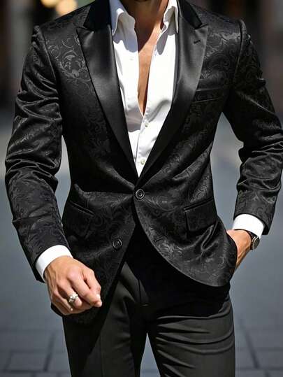 Manfinity Mode Áo vest công sở nam màu đen satin dập nổi, thích hợp cho mùa Xuân/Hè/Thu.