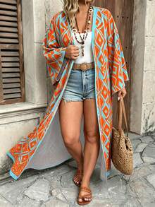 Ceyna Plus Size Women's New Elegant Multi-Color Bohemian Style Colorful Paisley Pattern Open Front Long Sleeve Long Cardigan Outerwear Fall - Blue - View 5