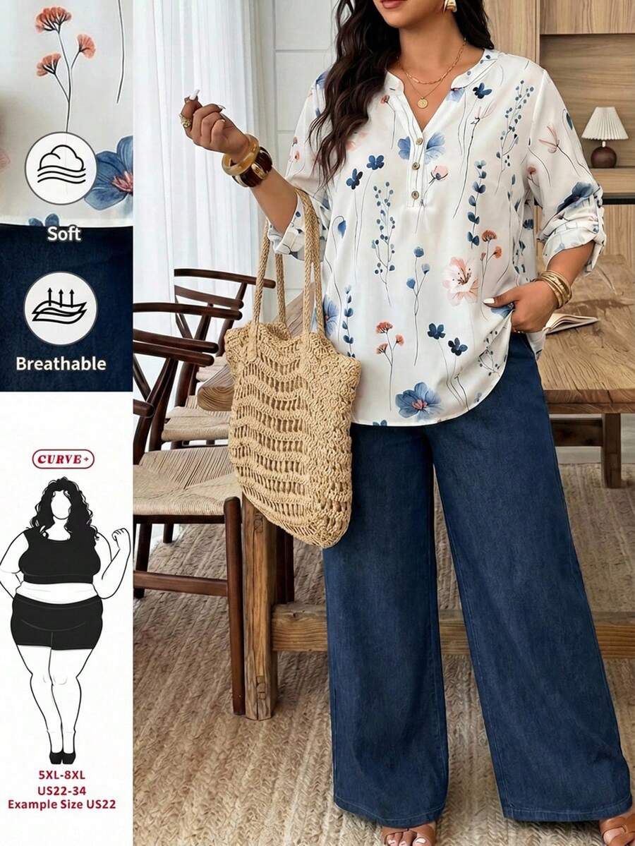 SHEIN CURVE+ 休闲简约度假风蓝色碎花上衣搭配仿牛仔蓝色印花长裤，大码女装两件套，适合夏季和初秋度假穿着。 - 彩色 - 查看 1
