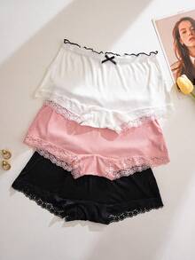 SHEIN Set de 3 bragas tipo short casual con parches de encaje y costillas - Multicolor - Ver 5