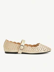 CUCCOO CHICEST Women's Hollow Embroidery, Buckle, Comfortable Flat Shoes - Gold - View 3