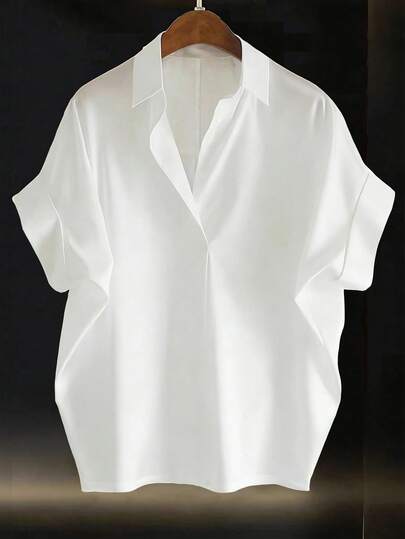 EMERY ROSE Plus Size Solid Color Minimalist Casual Short Sleeve Vacation Shirt