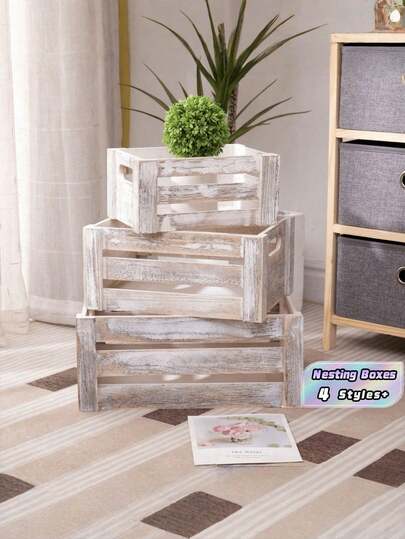 1/3 Pcs White Aged Wooden Decorative Nesting Boxes Assorted Sizes Storage Display Shelf Home Decor Rustic Farmhouse Style Accessory Table Office Vintage Gift Stackable Organizer Shabby Chic Tray