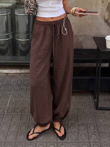 SHEIN Maija Women's Solid Color Drawstring Waist Pockets Casual Loose Harem Pants, Summer Holiday , Spring , Valentine For Women, Beach Pants, Beach , Vacation, Summer Holiday , Vacation For Women, Casual Pants, Brown Pants, Loose And Comfortable Baggy Pants Loose Pants St Patrick's Day Women Easter Summer Easter Party Top Summer Holidays Each Vacations For Women Summer For Women Going Outs Graduation Casual - Coffee Brown - View 8