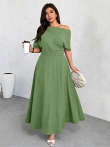 Firerie Plus Size Women's Fashionable Solid Color Off-Shoulder Long Dress - Green - View 6