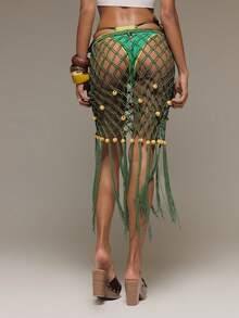 Musera Resort Open Crochet Knit Beaded Tassel Maxi Cover Up Skirt Summer Vacation Holiday Festival Rave Beach Carnival - Army Green - View 4
