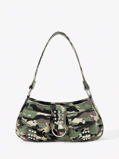 Viva Strut Ladies, Women Camouflage Shoulder Bag, Hobo Bag, Camo, Fashionable, Casual, Personalized, Simple, Versatile, Street, Sweet And Cool Girls, Hot Girls,Y2k, Retro, Rivets, Vintage, For Daily, Shopping(Random Pattern)