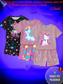 3pcs/Set Random Young Girls Cartoon Unicorn Print Tight Fit Short Sleeve Shorts Pajama Sets, Glow-In-The-Dark Under UV Light, Spring/Summer - Multicolor - View 3