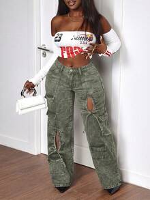 Slaydiva Plus Size Women Cargo Pocket Button Casual Versatile Daily Wear Wide Leg Jeans Brown Spring - Army Green - View 3