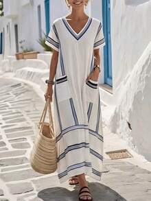 SHEIN Holidaya Women's Summer Blue And White Stripe V-Neck Cotton Dress,Casual Holiday Vacation Relaxed Fit Sleeveless Digital Print Woven Front Pocket Resort Wear - Multicolor - View 6
