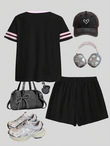 2pcs Tween Girls Casual Minimalist Digit 67 Print Short Sleeve Top And Shorts Set, Suitable For Summer - Multicolor - View 2