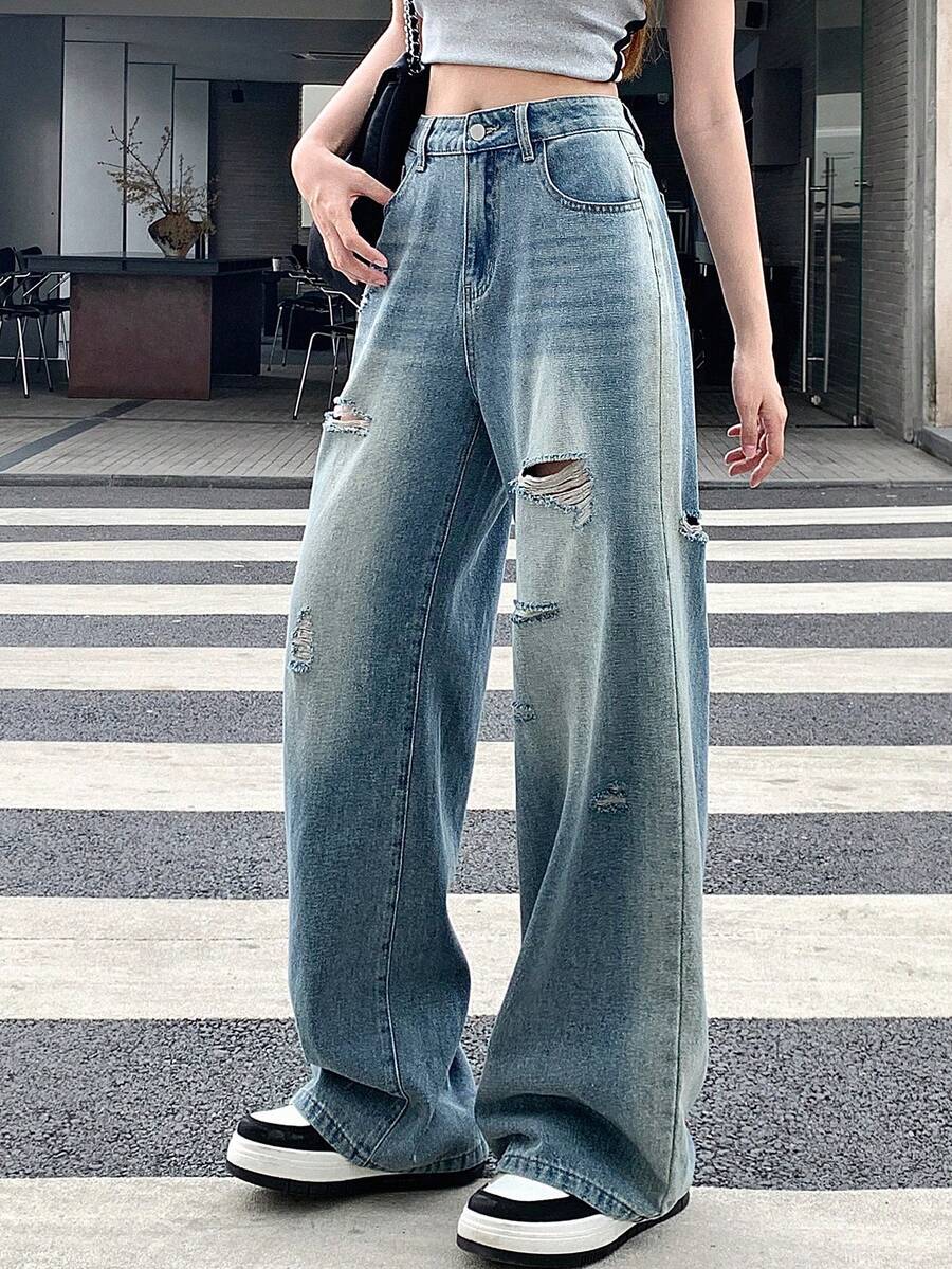 Quần jean denim nữ kiểu dáng thường ngày, bạc màu và rách - Màu xanh lam - Xem 1