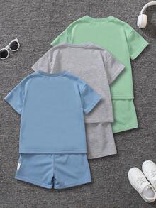 SHEIN Genkimix Kids 6件套儿童休闲简约圆领T恤短裤套装，夏季运动服，3种颜色（灰色、黑色、白色） - 彩色 - 查看 2