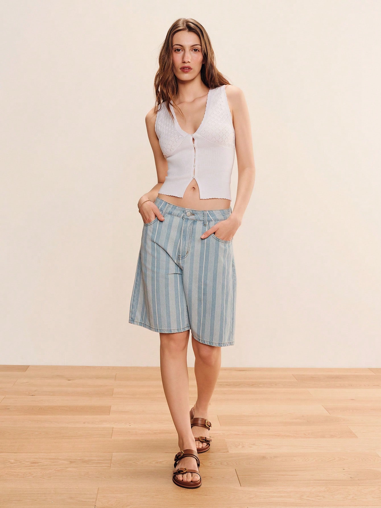 Light Blue Striped Loose Fit Bermuda Denim Shorts Spring Summer Vintage Style French Style Cotton Shorts Holiday Outfit Chic Outfit